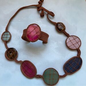 Chunky Statement Multicolor Agate Stone Necklace and Bracelet Set